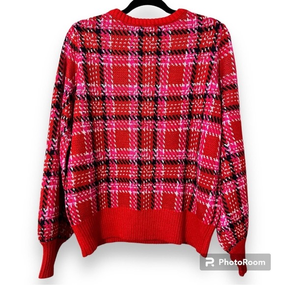 Crown & Ivy women’s size large red plaid pullover sweater rhinestone shoulders - Picture 10 of 11